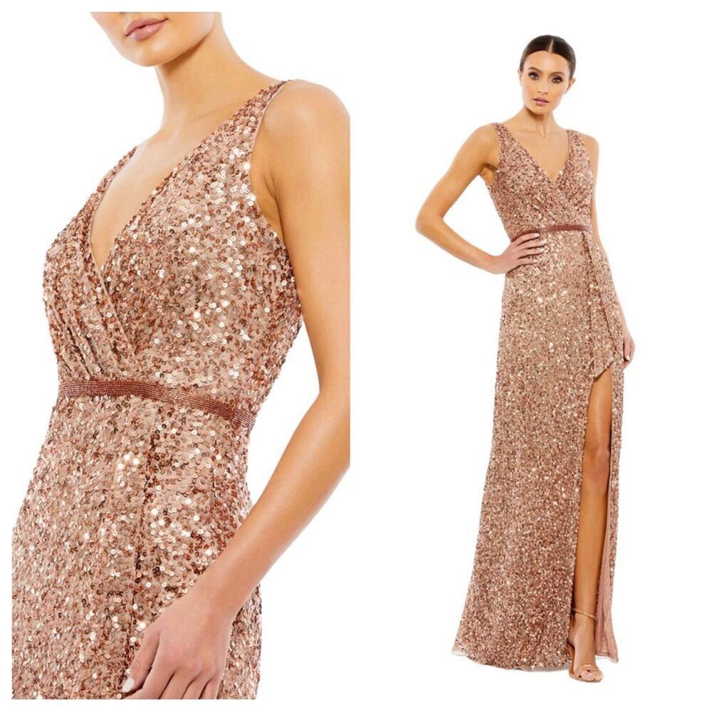 NWT MAC DUGGAL 5539 Copper V-Neck High Slit Sequined Wrap Maxi Gown Women’s Prom